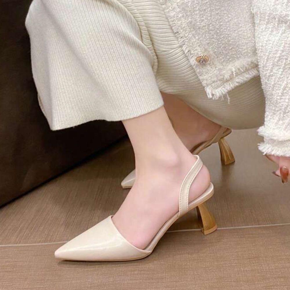 Ivory gold heel High Heeled Sandals, Pointed Toe slingback pumps - Picture 6 of 6